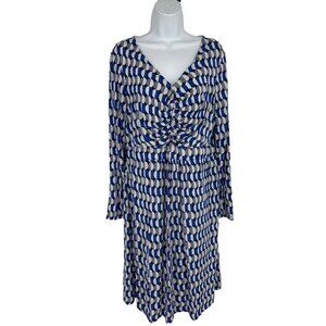 Boden Geometric Print Long Sleeve Ruched V-Neck Lined Sheath Dress Size 14R